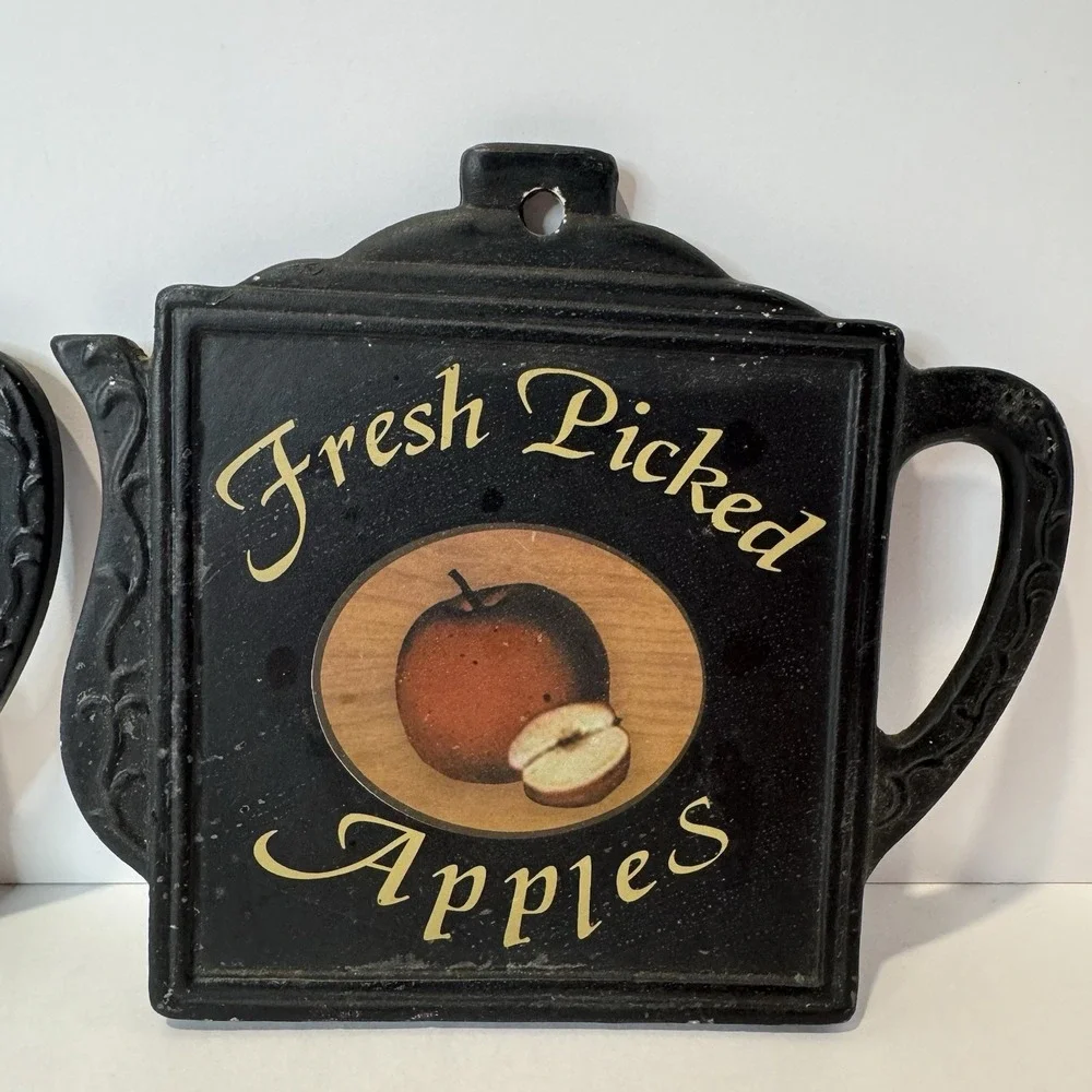 Vintage Apple Teapot Wall Plaque Trivet Set Country Farm Kitchen Decor
